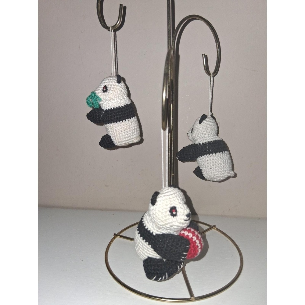 Hand Crocheted Panda Bear Christmas Ornament Lot of 3 Amigurumi Handmade Holiday